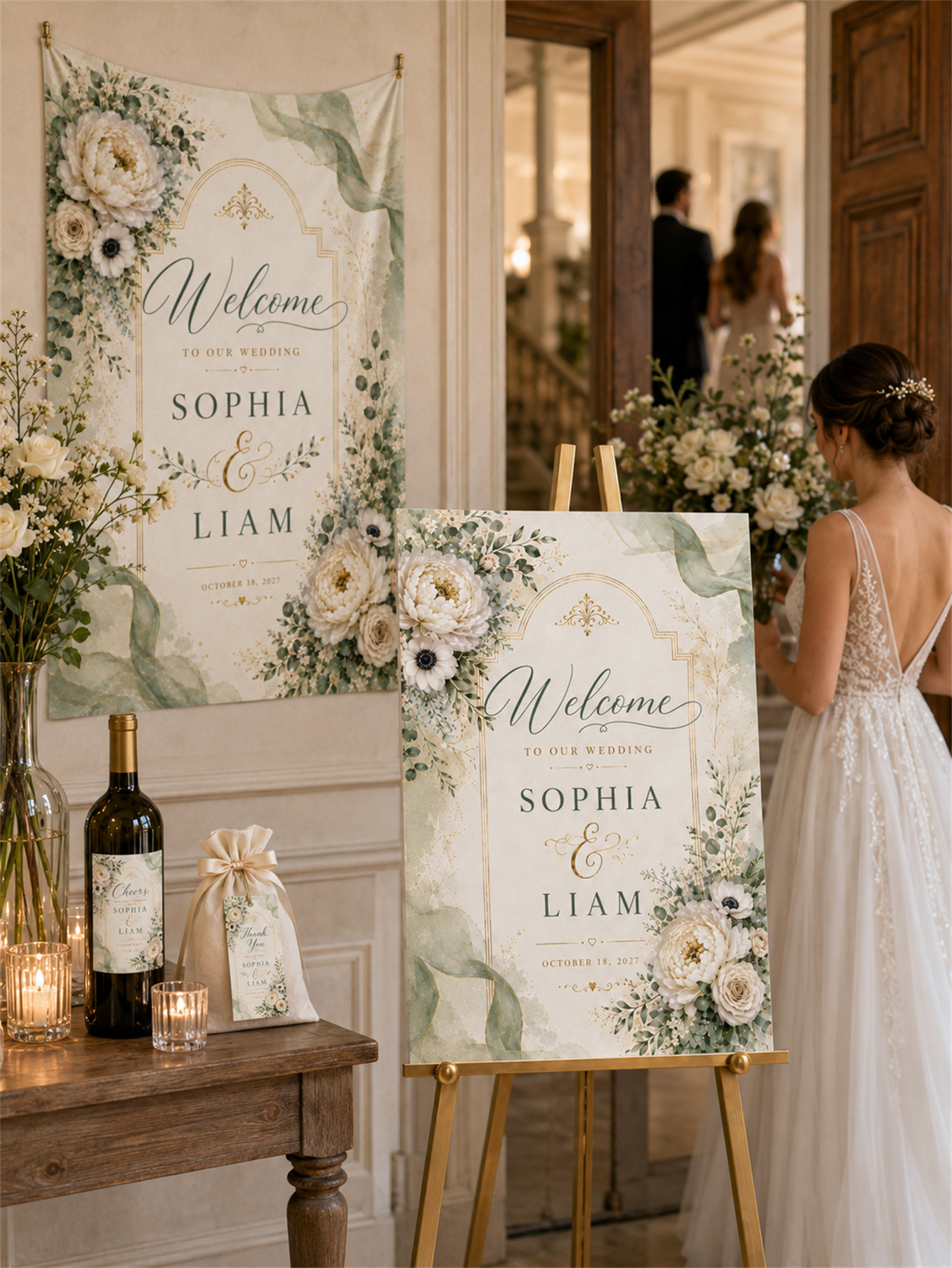 Sage green and ivory plant wedding decorations - Romantic and elegant wedding - Custom name and date